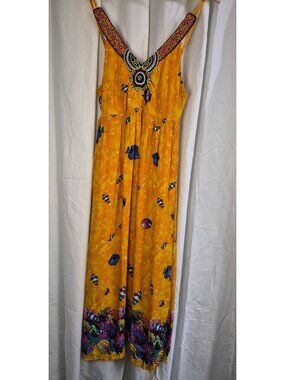 Forla Paris Medium NWOT Yellow Beaded Fish Cruise Vacation Colorful Midi Dress